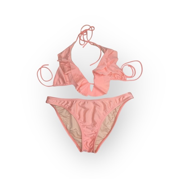 Shoshanna ☀︎︎ Flutter Halter Bikini Set with String Side Tie Detail ☀︎︎ Coral XL - Picture 3 of 16